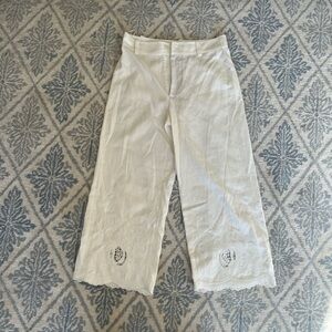Zara ivory linen blend pants with embroidery detail